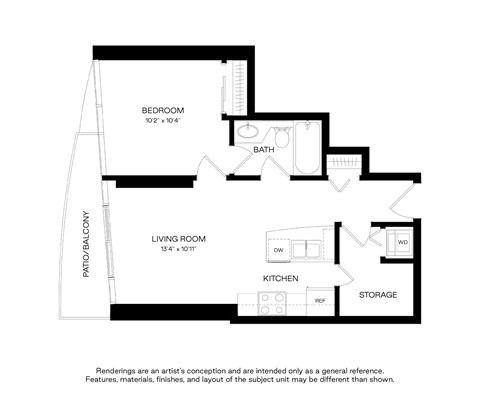 Floor plan for 1 bed, 1 bath, 531 sqft